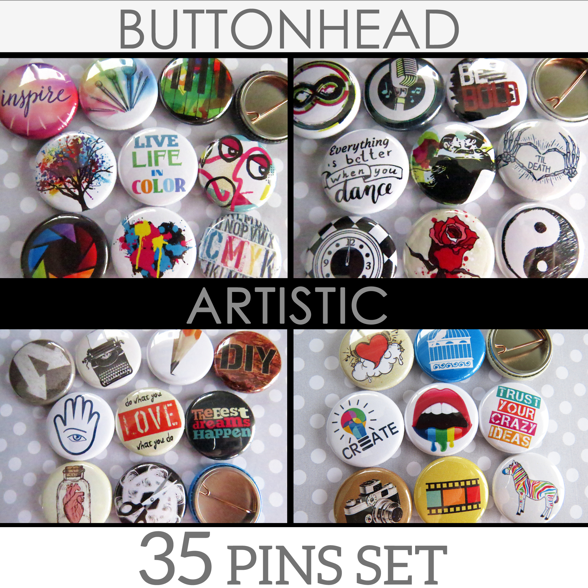 Buttons Pins Theme Sets - Art, Cute, Funny, Geeky, Political, Punk,  Inspirational, School