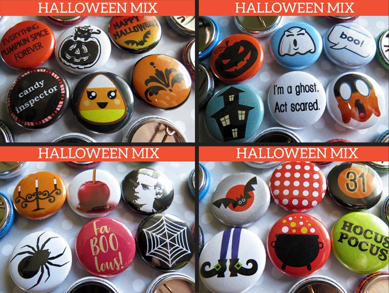  Random Halloween Pin Back Button Pins - Halloween Party Favors  - Bulk Resale Wholesale Lot - 1” (One Inch) Mini Size - 10-200 Per Unique  Set : Handmade Products